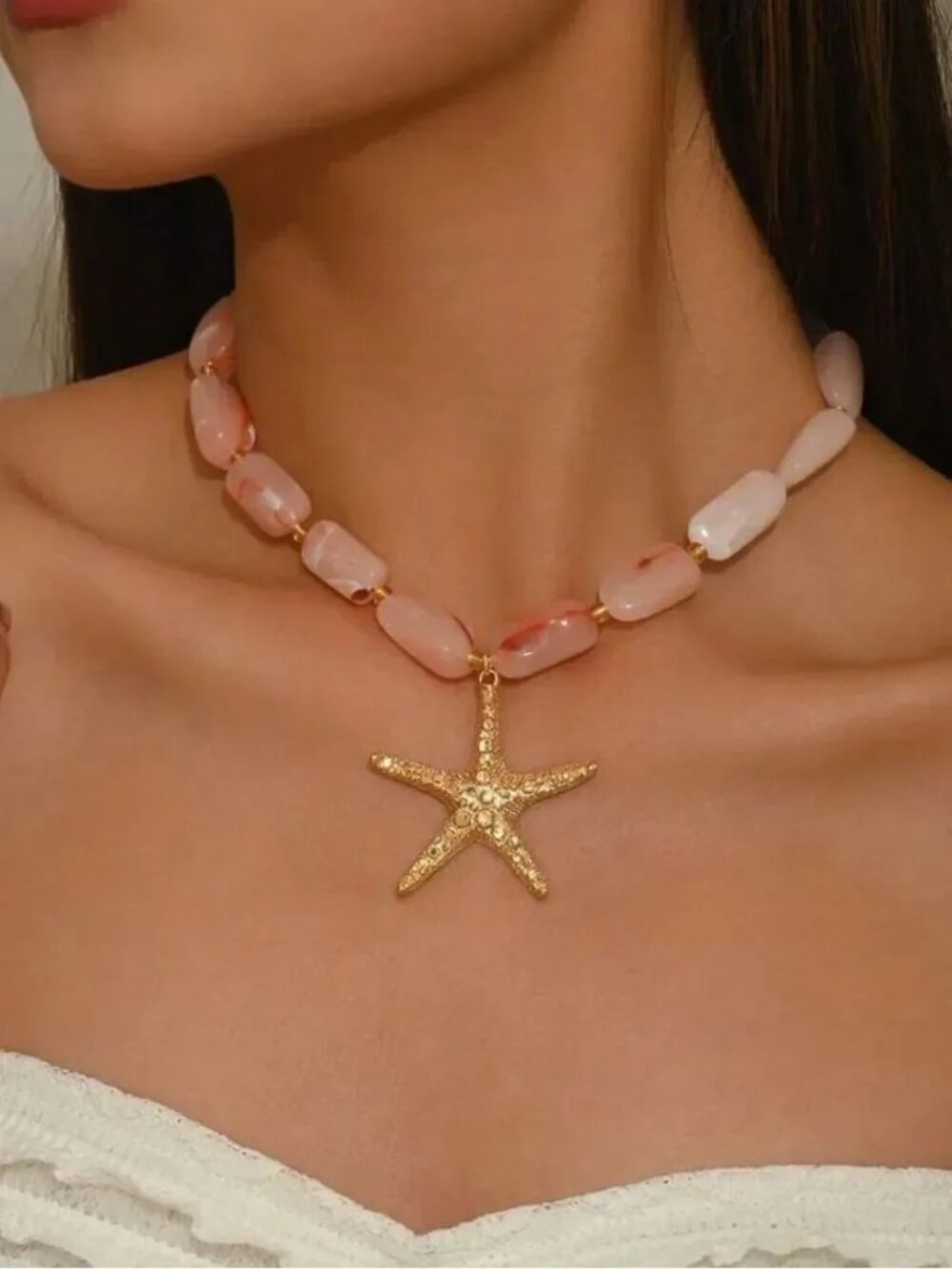 Gold Starfish Pendant Necklace with Pink Beads R679